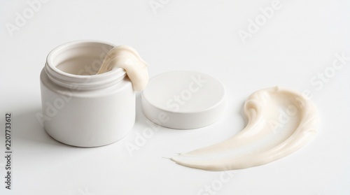 White ceramic cosmetic jar filled with moisturizing cream featuring a soft smooth texture spread across clean surface