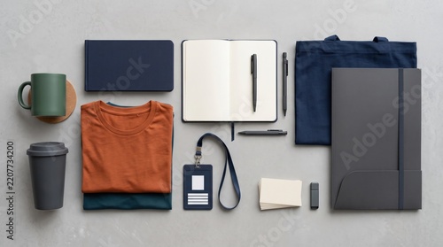 Minimalist corporate branding mockup flat lay, modern stationery and identity merchandise layout, dark blue notebook t-shirt tote bag coffee mug set
