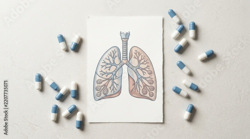 Medical illustration of human lungs surrounded by pharmaceutical medicine capsules on white surface representing respiratory healthcare disease