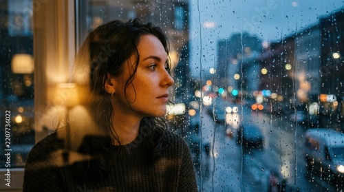 Melancholic young woman looking through a rain streaked window on a gloomy evening observing city lights with deep contemplation and quiet loneliness