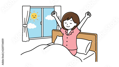 Young woman wakes up stretching in her bed smiling happily during sunny morning vector illustration