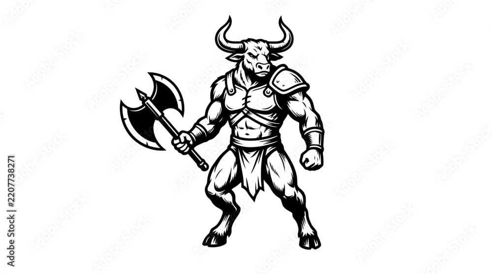 Fototapeta premium Black and white illustration of a powerful minotaur warrior holding a double-bladed axe, depicted in a strong and aggressive stance.