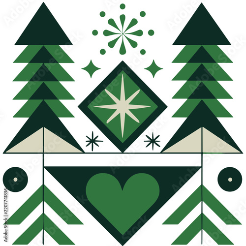 Geometric Christmas Trees with Heart and Star Ornaments, Nordic Holiday Folk Art Design, Editable Vector Isolated on Transparent Background