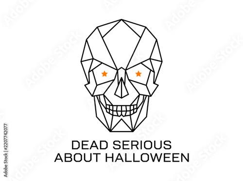 Minimalist geometric skull illustration with orange star eyes and Halloween text.