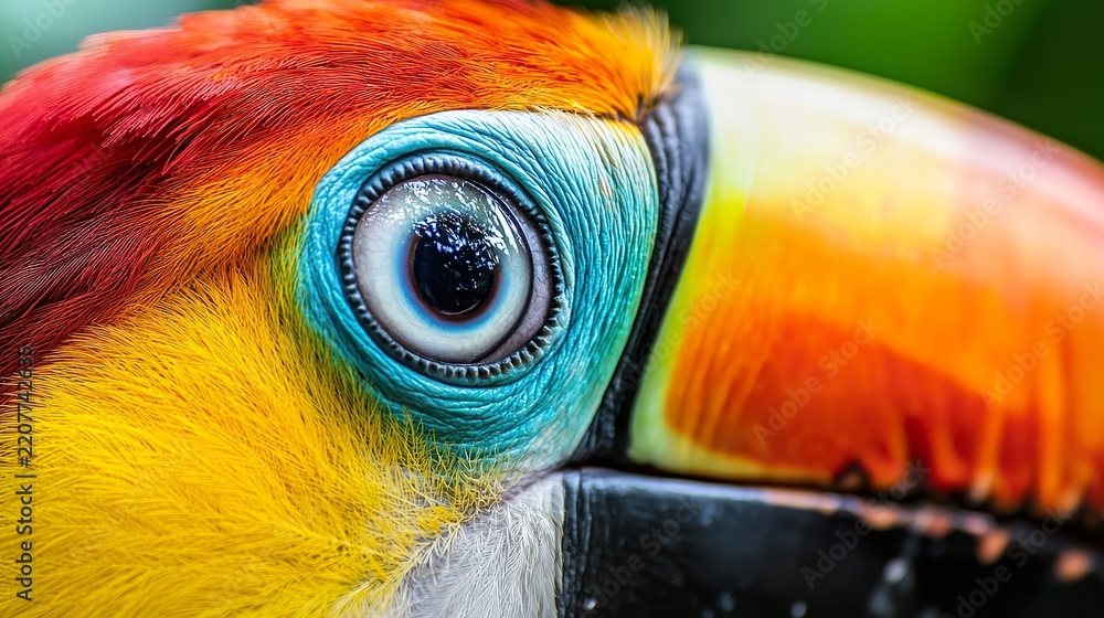 Obraz premium Detailed shot of a toucan's vibrant eye, clear, intelligent gaze