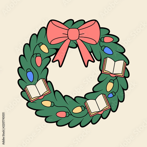 Cute Christmas Wreath with Books and Red Bow Illustration