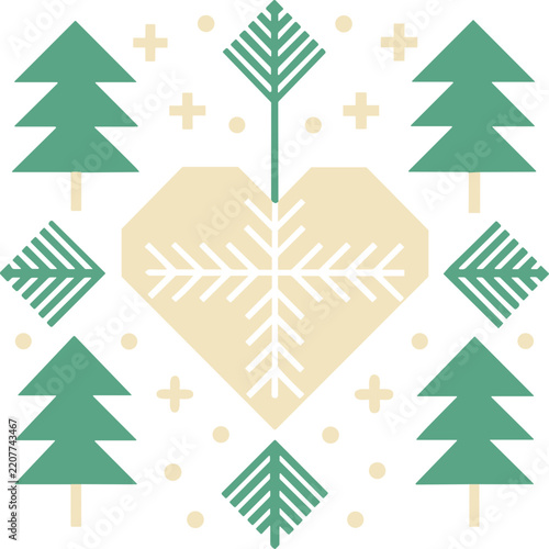 Geometric Christmas Heart with Snowflake and Evergreen Trees, Nordic Winter Folk Art Design, Editable Vector Isolated on Transparent Background
