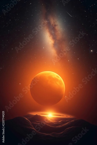 Glowing Orange Planet Floating Above Dark Cosmic Surface.