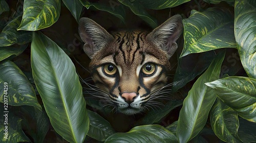 Wild cat stealthily moving through dense jungle undergrowth