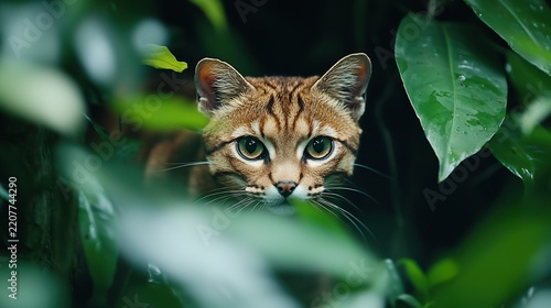 Wild cat stealthily moving through dense jungle undergrowth