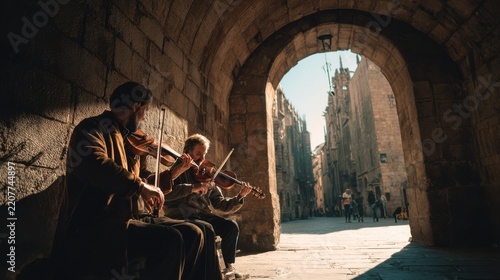 Two street musicians playing violins under historic stone archway in old European city with sunlight cobblestone street and medieval architecture busking performance