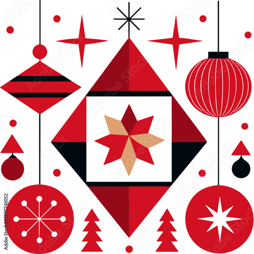 Geometric Christmas Ornament Composition with Poinsettia, Baubles, Stars and Trees, Editable Vector Isolated on Transparent Background