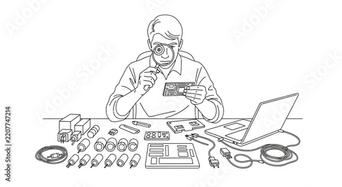 Technician Inspecting Circuit Board with Magnifying Glass, Laptop and Components