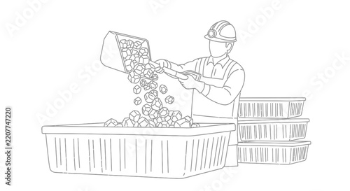 Construction worker pouring cubes into a large container, industrial process