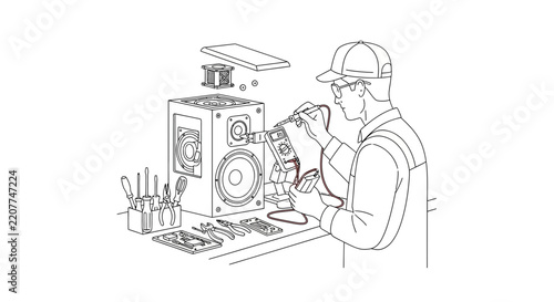 Technician Assembling Audio Speaker System Components on Workbench