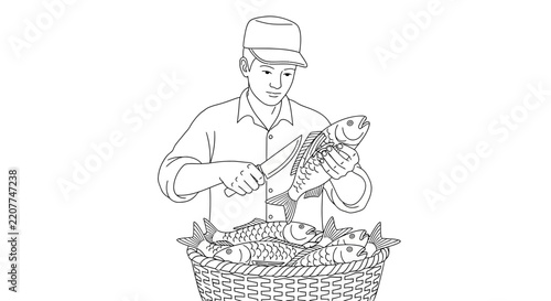 Fisherman preparing fresh catch of fish from basket with knife, line art illustration