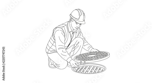 Construction worker inspecting a manhole cover, line art illustration.