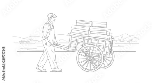 Worker pushing a cart loaded with bricks, vintage style illustration