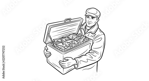 Man Holding Open Cooler Box Filled With Fresh Fish