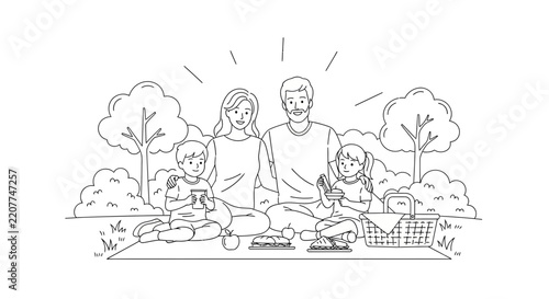 Happy Family Picnic in Nature: Parents and Children Enjoying Outdoors