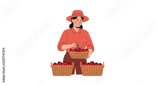 Farmer Woman Picking Strawberries in Baskets, Healthy Eating Concept