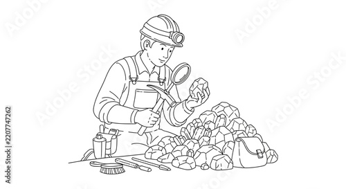 Miner Inspecting Rocks with Magnifying Glass, Mining Industry Concept