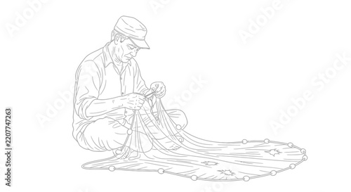 Fisherman Repairing Fishing Net