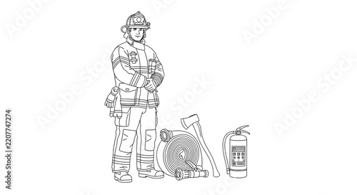 Firefighter Standing with Equipment Line Drawing