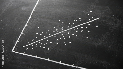Chalkboard showing a scatter plot diagram with a positive linear regression trend line drawn in white chalk for statistical data analysis
