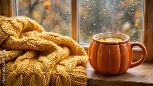 Cozy Autumn Scene with Warm Drink and Knitted Blanket by Rainy Window.