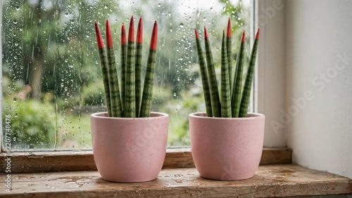 Two Cylindrical Snake Plants in Pink Pots by a Rainy Window.