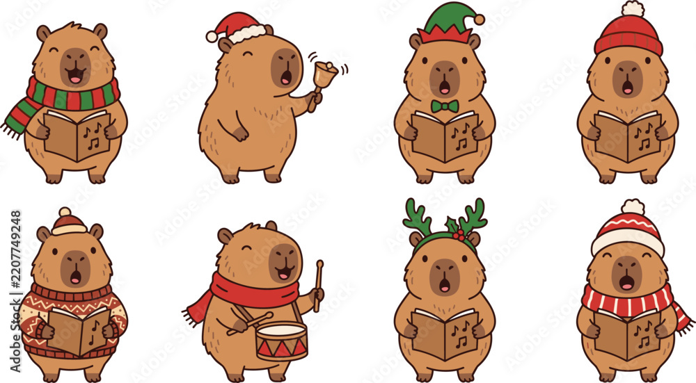 Fototapeta premium Cute Christmas Capybara vector illustration set with festive hats and winter accessories for holiday card designs
