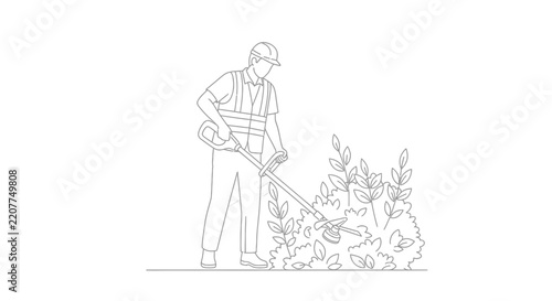 Gardener Trimming Bushes with String Trimmer - Line Art Illustration