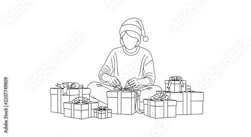 Person in Santa Hat Wrapping Christmas Presents, Festive Gift Preparation