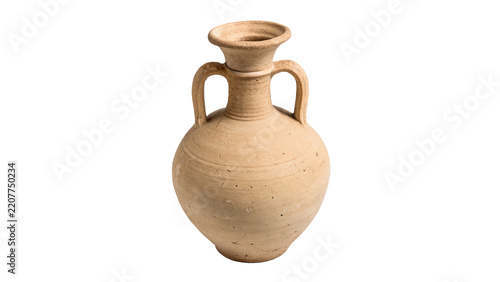 Fotografie Traditional terracotta clay jug vase with handle on transparent background