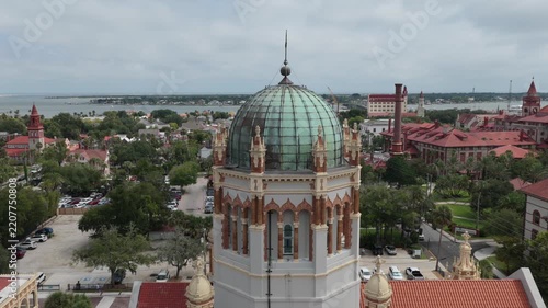 Aerial view of Memorial Presbyterian Church with its iconic copper dome and ornate architecture in St. Augustine, Florida, United States.