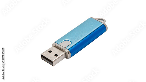 Blue plastic USB flash drive memory stick on transparent background