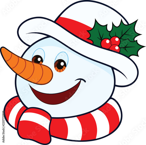 Cute Snowman Character Face Vector Illustration with Red Striped Scarf, Carrot Nose, and Festive Holly Hat for Christmas Holiday Greeting Cards, Seasonal Decorations and Winter Designs.