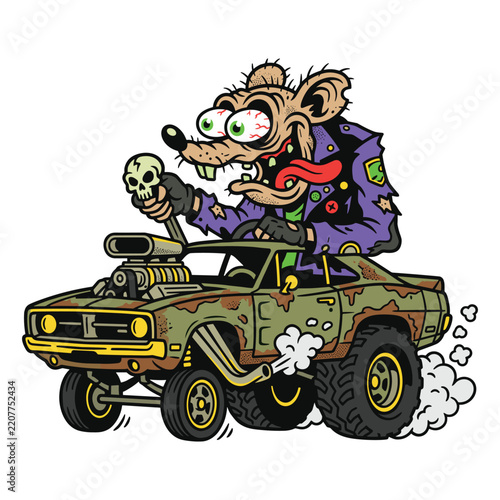 Manic rat monster driving a custom hot rod car with smoking tires