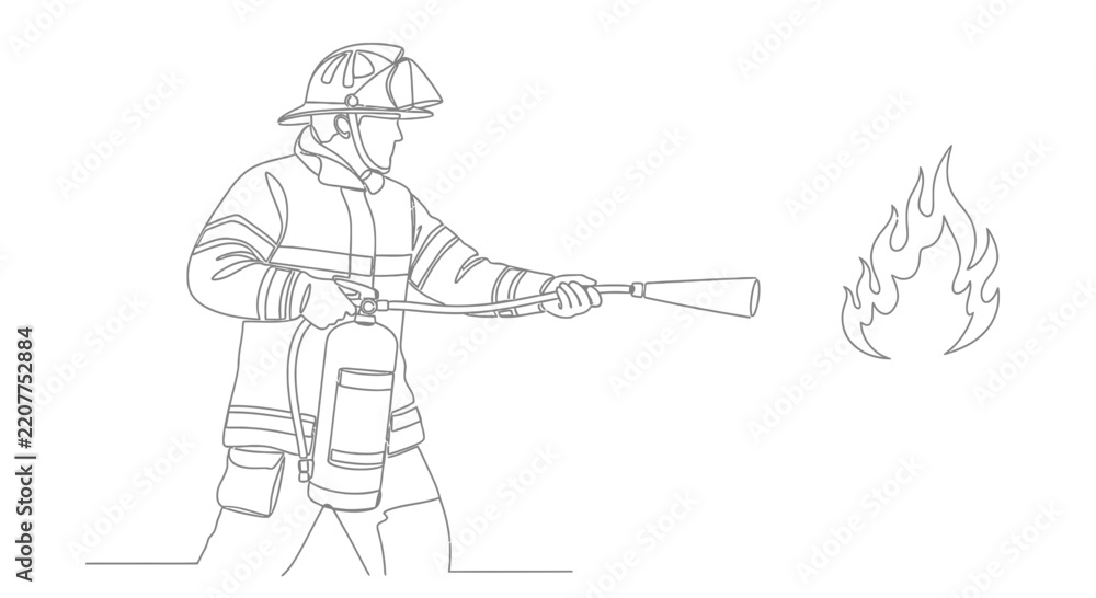 Fototapeta premium Firefighter Extinguishing Fire with Extinguisher - Line Art Illustration