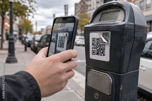 Close-up of a hand holding a smartphone to scan a QR code on a street parking meter for contactless mobile payment on a city sidewalk