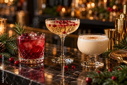 Three festive Christmas cocktails including red cranberry drink with ice, sparkling pomegranate coupe and creamy eggnog on dark marble bar with pine branches and golden bokeh lights
