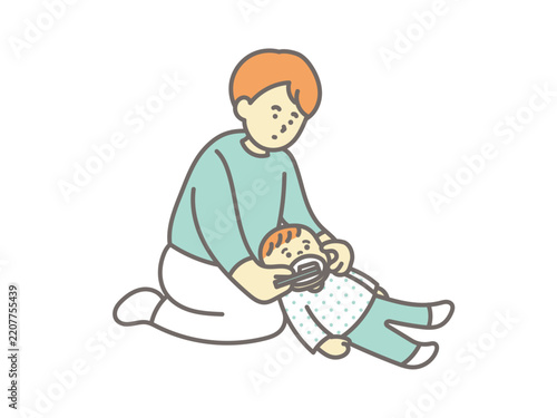 子供の歯を磨くお父さんのイラスト