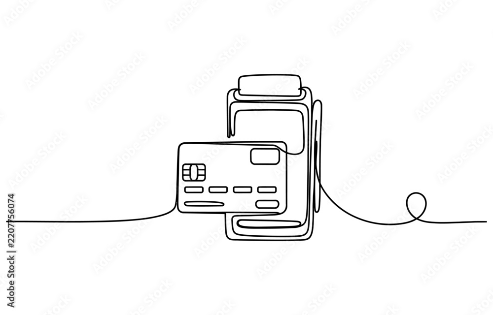 Obraz premium Continuous one line drawing of a credit card being used with a payment terminal machine for financial business transaction