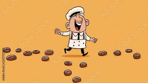A cheerful cartoon baker dances among coffee beans against a warm orange background.