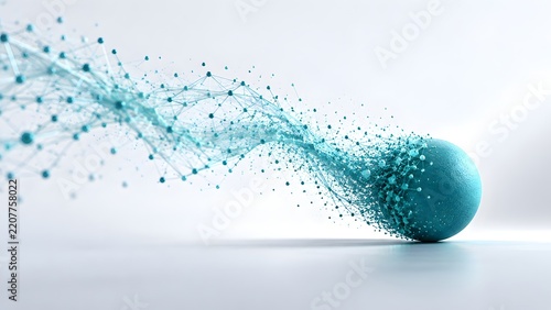 Swirling turquoise particle mesh and connected network nodes converging into solid textured sphere on white background
