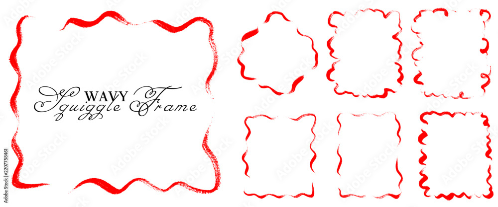 Fototapeta premium Red wavy border squiggle frame set. Hand drawn bright brush wave edge rectangle square oval wiggly corrugated shape. Bold love christmas holiday gift card texture background. Vector illustration