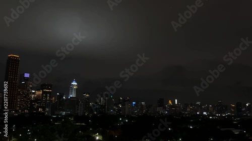 Aerial view of a modern metropolis illuminated at night, with skyscrapers, city streets and countless lights creating a vibrant urban landscape.