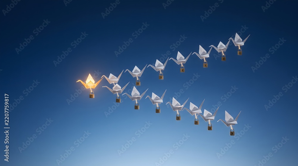 Obraz premium Golden leader guides paper crane flock, Leadership vision directs blue sky formation, Flying flock demonstrates strong teamwork strategy, Unique origami bird stands out inspire