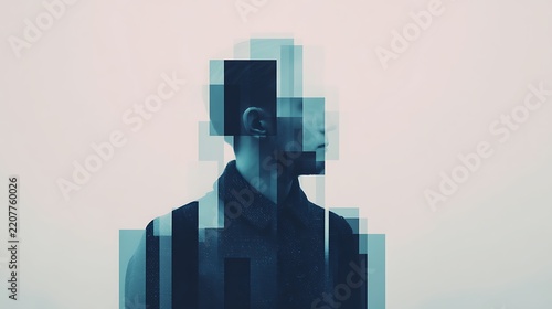 A digital art portrait of a man with fragmented, pixelated features, creating a glitch effect and abstract, layered visual style.